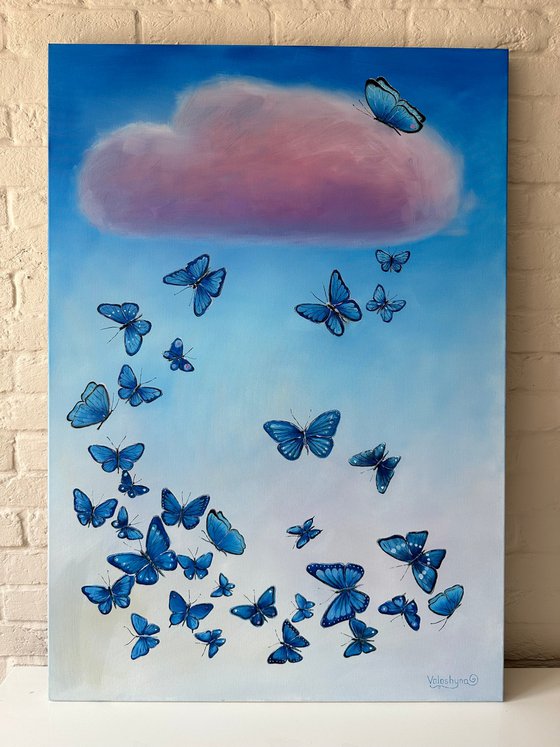 "Butterfly flight to the cloud". Original oil painting XXL