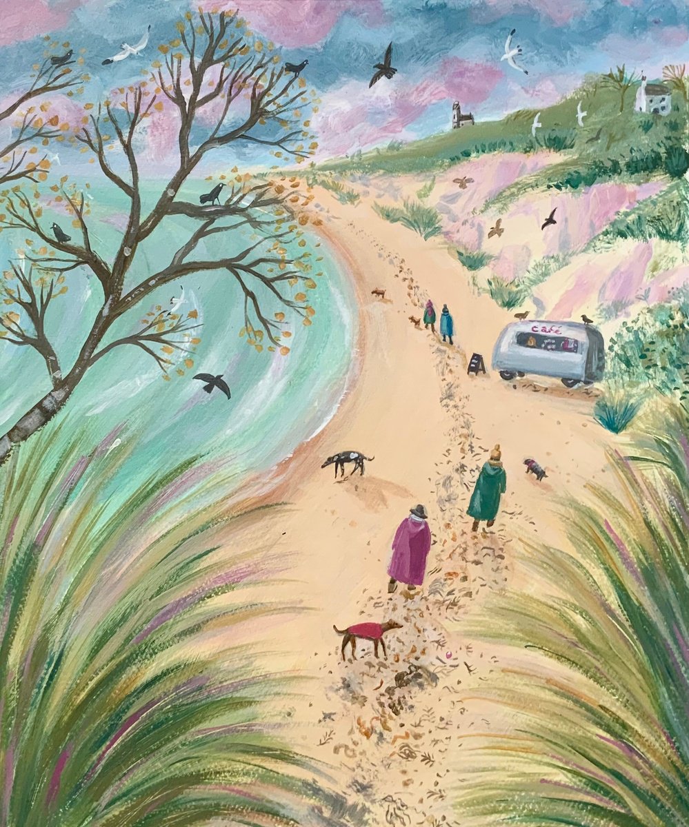 Impressionistic Landscape Acrylic Painting By Mary Stubberfield, 11 X 13", Winter Beach Cafe, Original Artwork