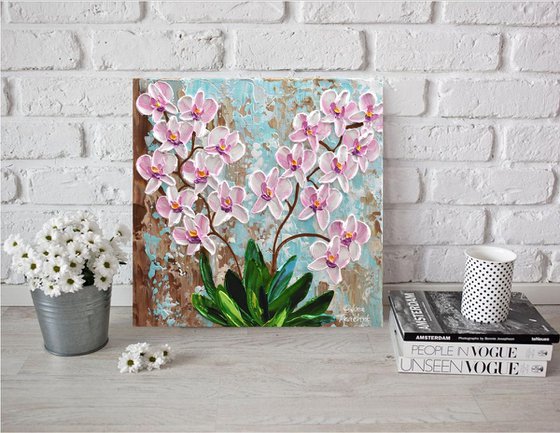 Pink Orchid 12"x12",  Impasto Floral Painting