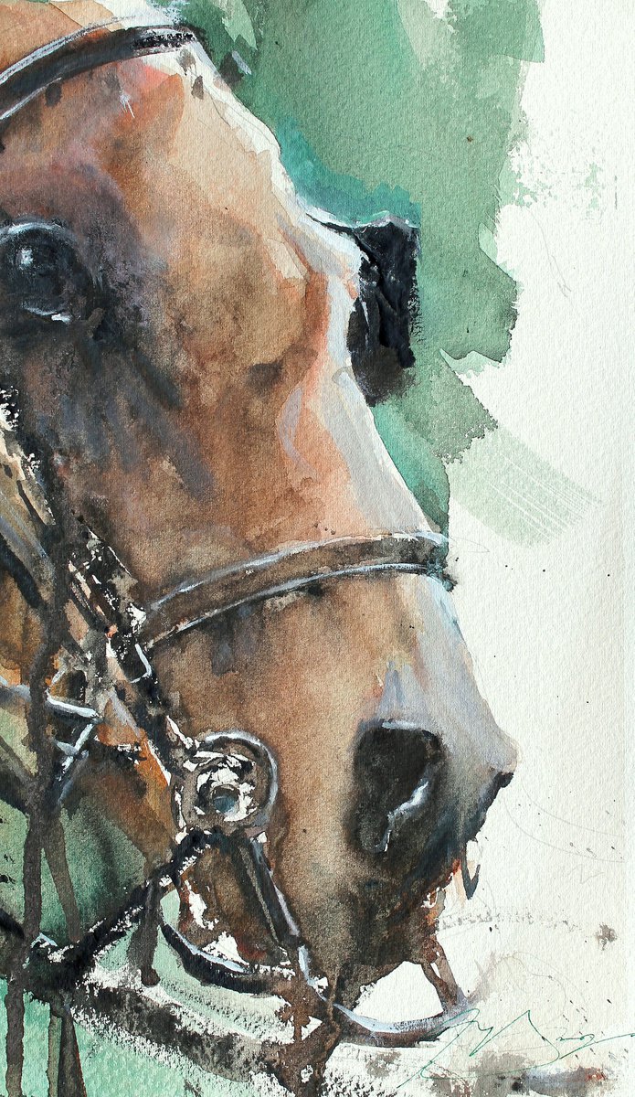 Impressionistic Animal Watercolour By Maximo Damico, 7 X 13", Head Horse, Original Artwork