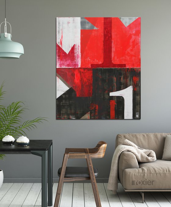 Abstract Painting - Vintage Typopop in Red - 90x110cm - Ronald Hunter - 16M