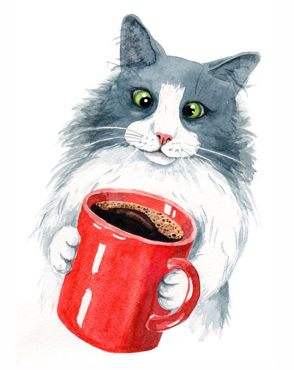 Cat with Coffee Cup | Artfinder