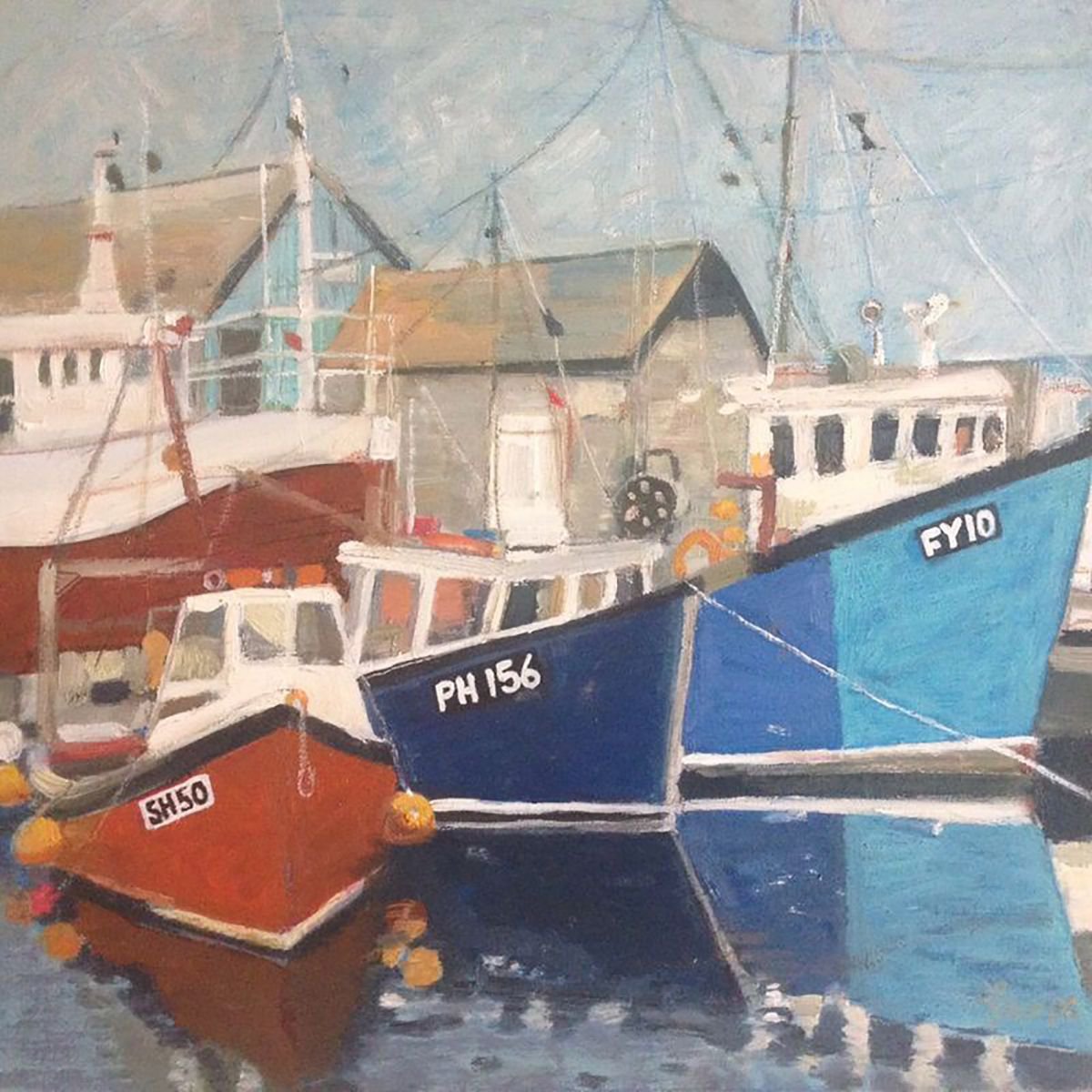 Three boats in a harbour by Jo Sharpe