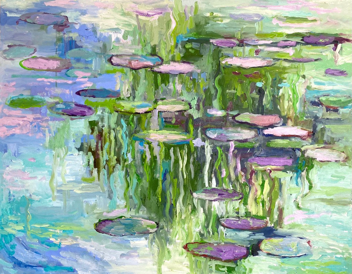 Dreams place - water lily oil painting, water lily painting, large painting, lake painti... by Ksenia Kozhakhanova
