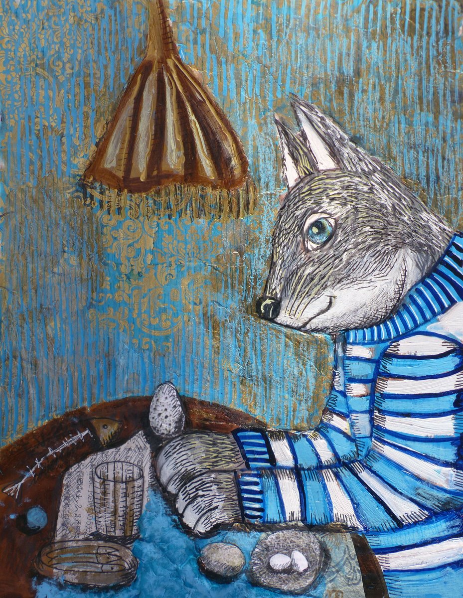 Naive Animal Painting By Elizabeth Vlasova, 11 X 14, Late Breakfast, Original Artwork