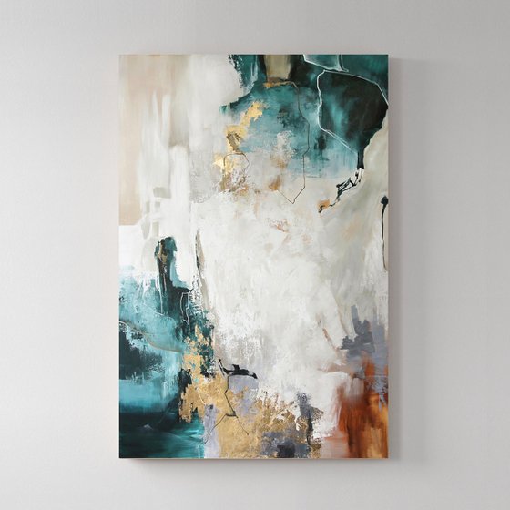 "Teal bloom" Emerald green gold abstract art