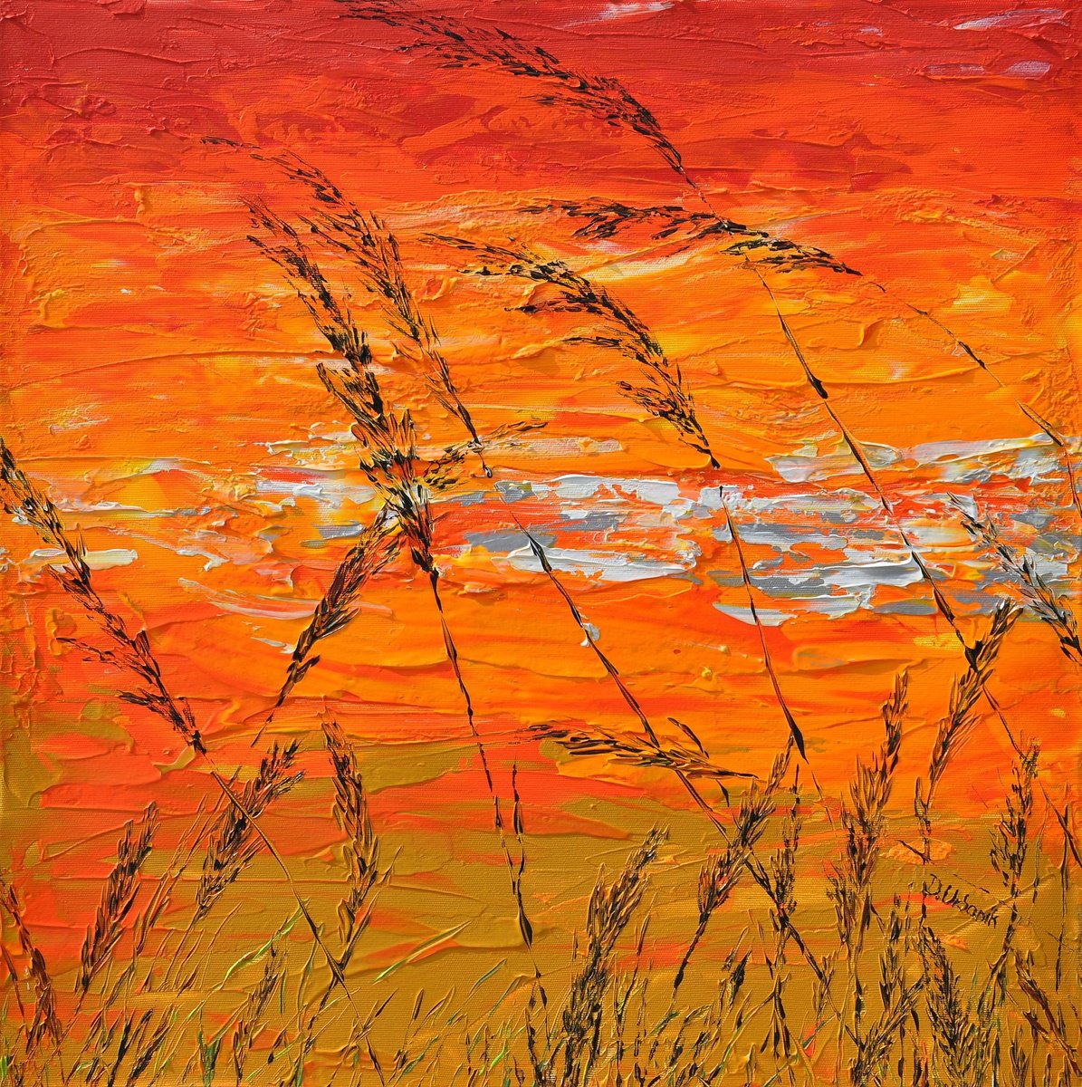 Impressionistic Botanical Acrylic Painting By Daniel Urbani?k, 24 X 24, Grass In Gold, Original Artwork