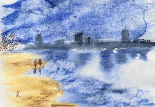 Stroll on the Shore - original watercolor painting by Halyna Kirichenko