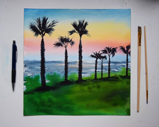 Palms Watercolour Painting, Sea Beach Original Art, Coastal Wall Decor