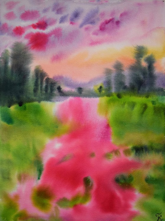 Sunset landscape painting, ORIGINAL watercolor painting, pink flowers wall art