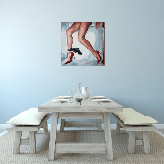 NUDECOMER - original oil painting, naked, nude, legs, woman red heels underwear, wall art, gift