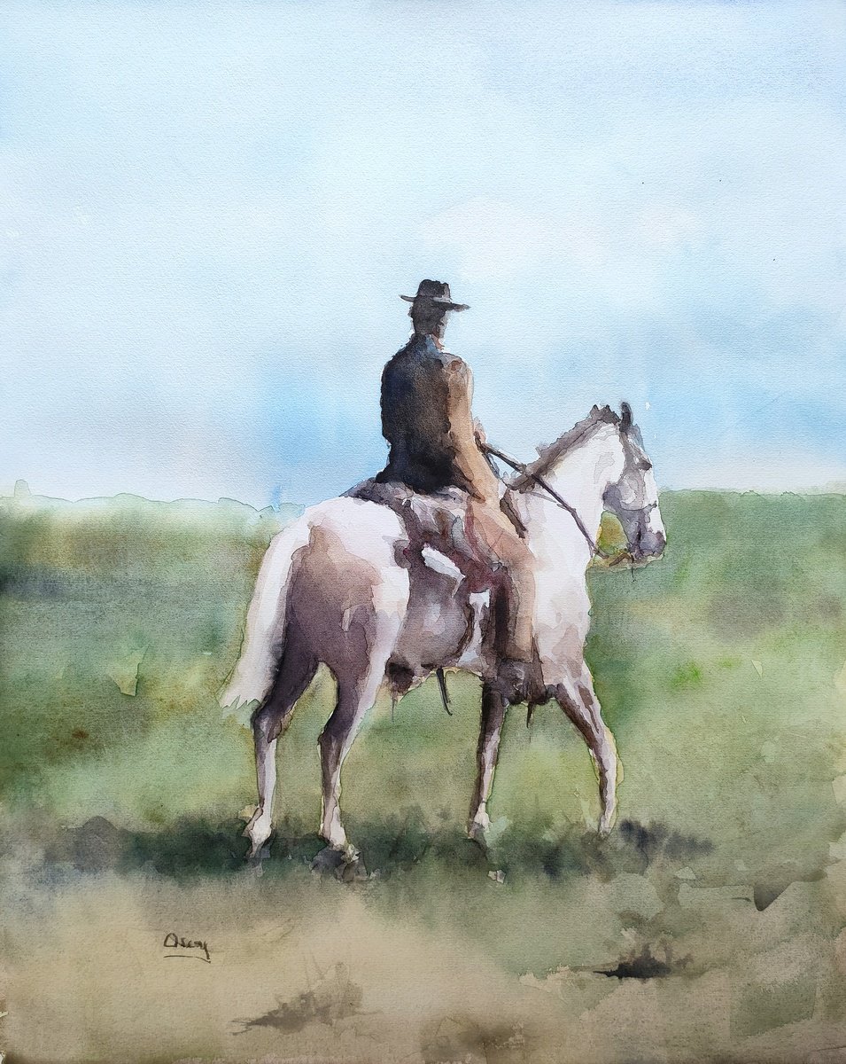 Impressionistic Portrait Watercolour By Oscar Alvarez Pardo, 16 X 20", Cowboy 15, Original Artwork