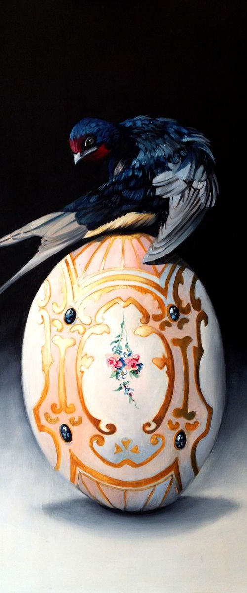 The swallow- original oil on wood - 60 x 40 cm (24' x 16') by Valentina Toma' aka Zoe Chigi