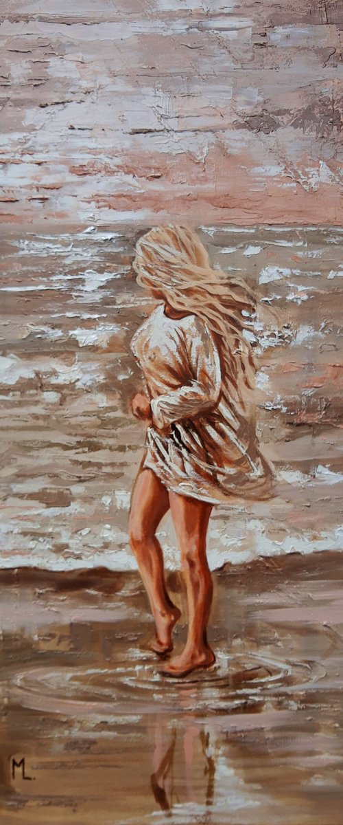 " BY THE SEA ... "  SUN SKY SEA SAND liGHt  ORIGINAL OIL PAINTING, GIFT, PALETTE KNIFE by Monika Luniak