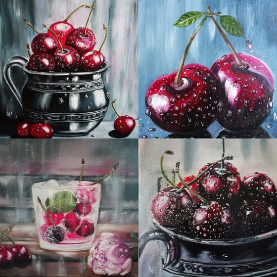 Cherries obsession, still life, fruit, original canvas painting, oil art, wall decor