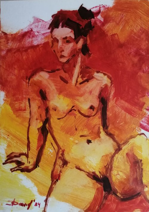Nude orange study women oil on paper by Olga David