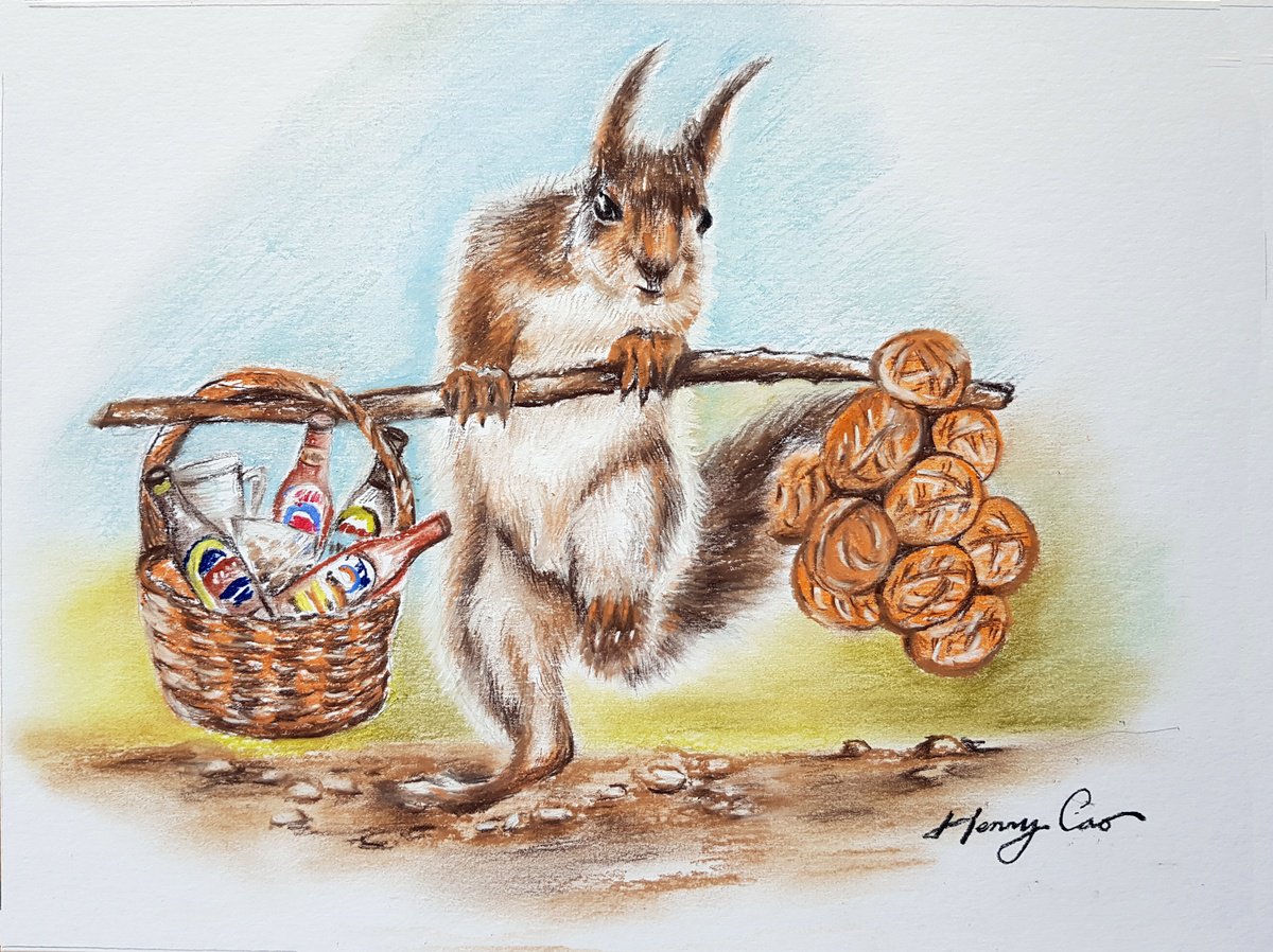 Impressionistic Animal Pastel Drawing By Henry Cao, 14 X 11, Going To Party, Original Artwork