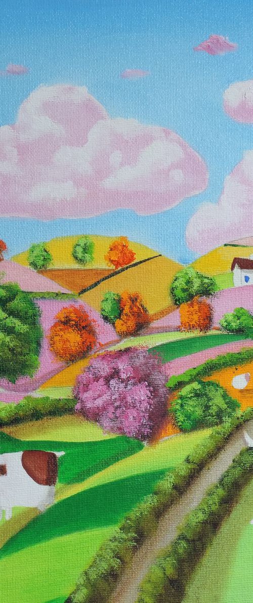 Rolling hills folk art cow by Gordon Bruce