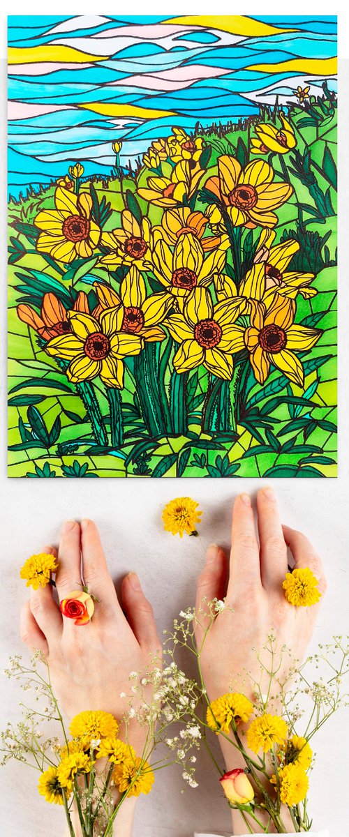 Yellow daffodils flowers field - colorful floral art in stained glass style by BAST