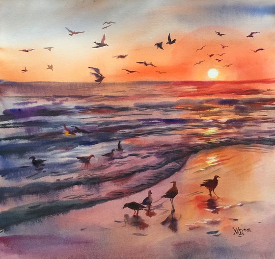 Sunset at sea. Seascape watercolor.