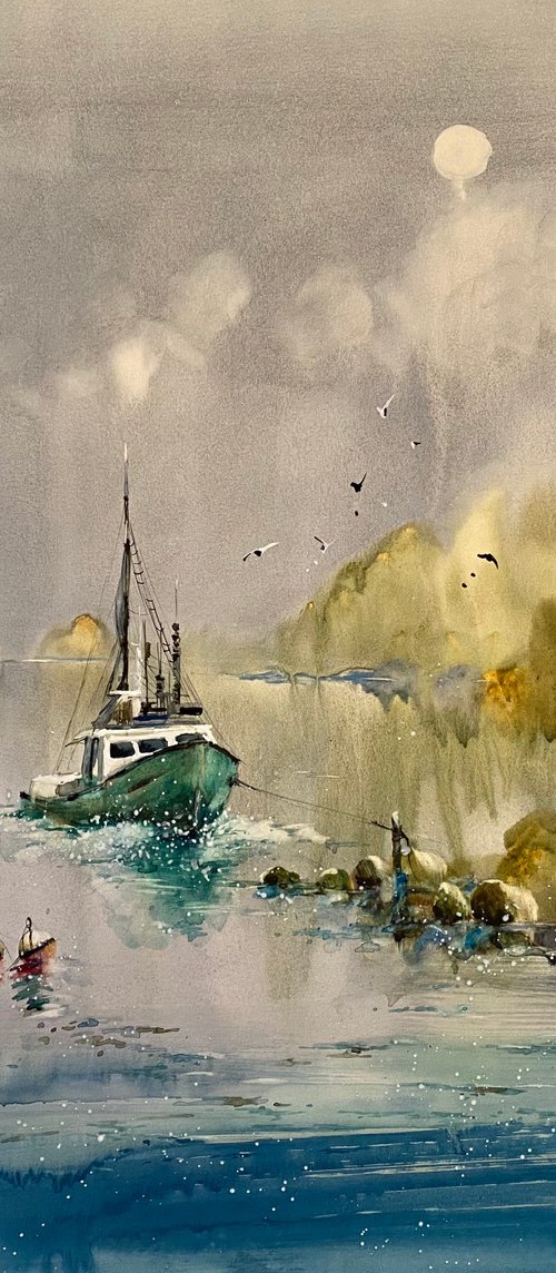 Sold Watercolor “Full moon. Old boat” gift for him by Iulia Carchelan