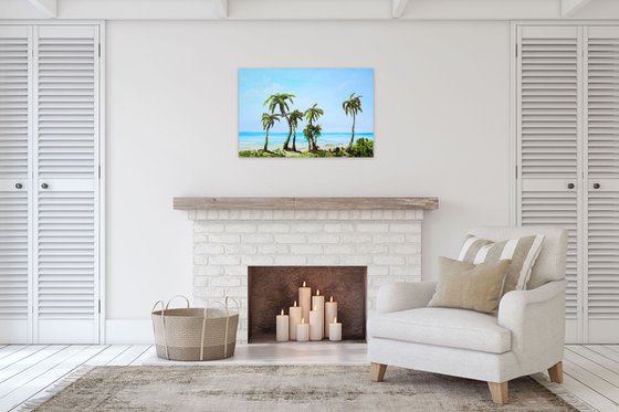 Large Abstract Seascape Painting. Palm trees. Beach, ocean, waves, sky with clouds, sailboats, sailing, yacht.