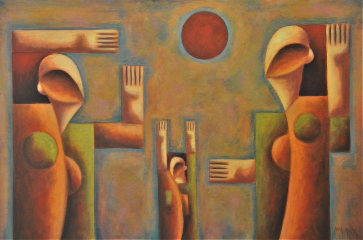 Geometric Portrait Oil Painting By Malasits Zsolt, 35 X 24", Play, Original Artwork