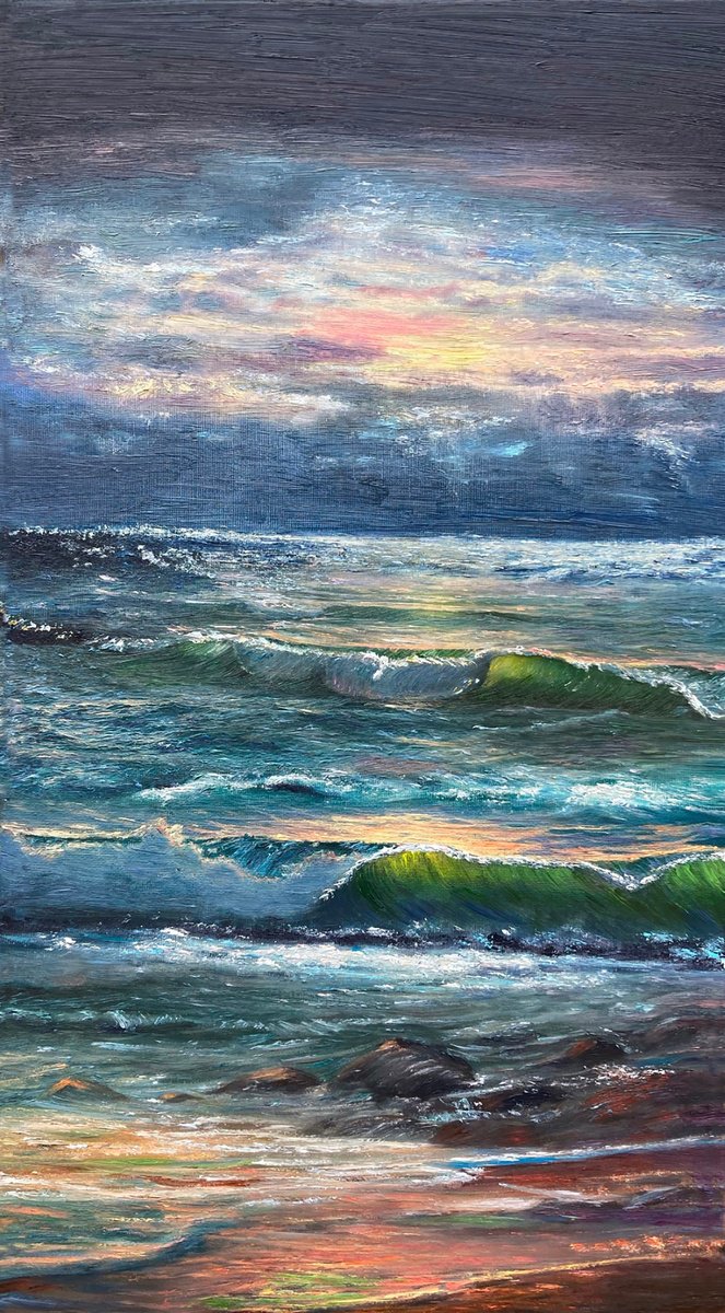 Impressionistic Landscape Oil Painting By Kenneth Halvorsen, 18 X 32", The Evocative Sea, Original Artwork