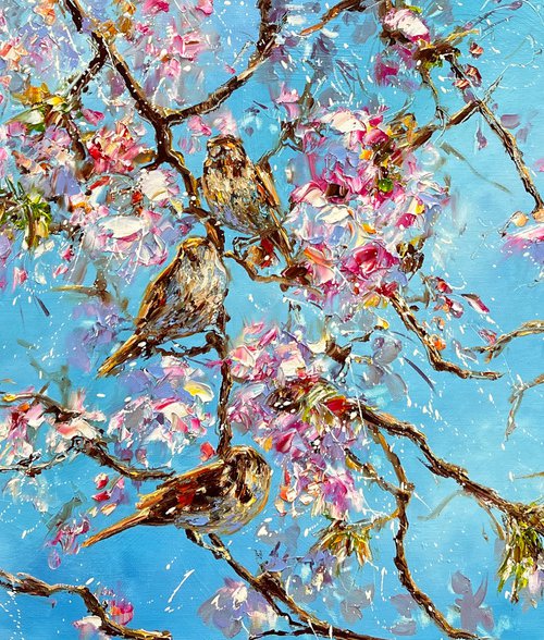 Sparrows in the Blooming Tree by Diana Malivani