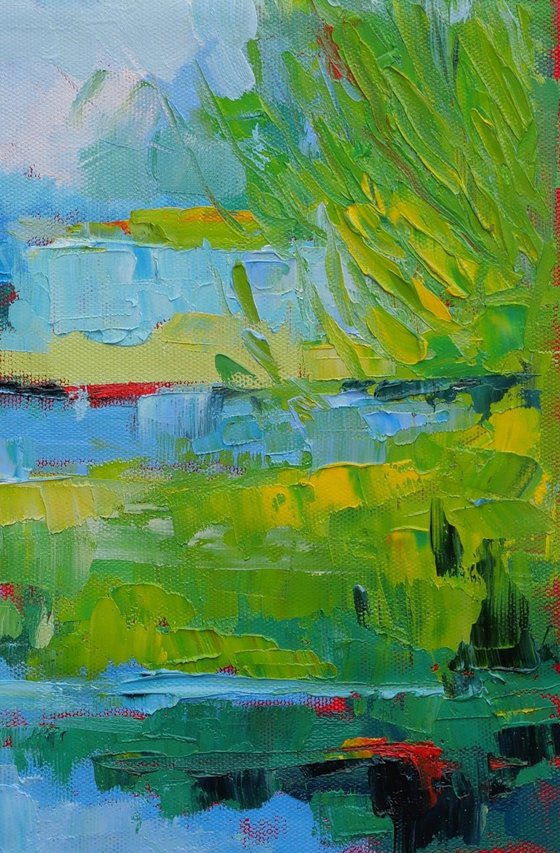 Water meadow - textured semi abstract landscape oil painting