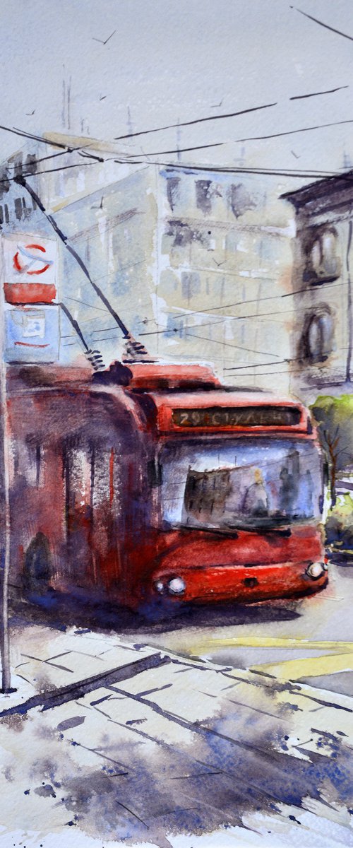 Trolleybus on the student square Belgrade 17x36 cm 2022 by Nenad Kojić watercolorist