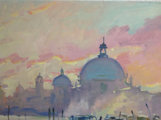 Venice sunset grand Channel cityscape sea sky boats original XXL oil painting