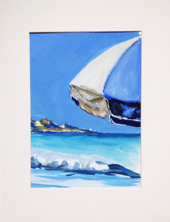 Umbrella on the beach of Corfu island - Corfu island - original watercolor painting - seascape painting - waves