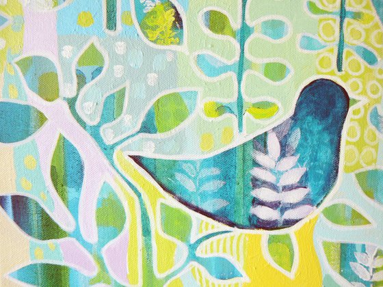 Spring garden (blue birds and plants patterned artwork - ready to hang)