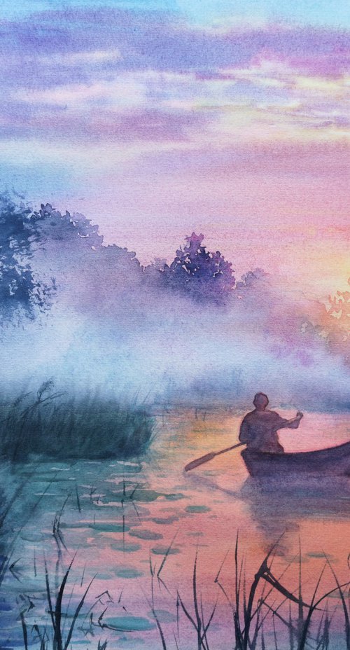 Early Morning Fishing on The River  - Mist - Morning Fog by Olga Beliaeva Watercolour