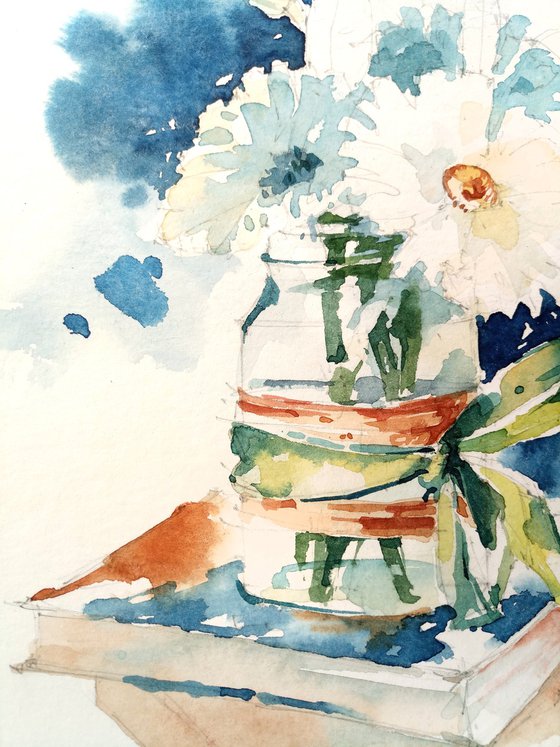 "White flowers on a blue background" - a jar of flowers stands on books modern still life watercolor sketch - series "Artist's Diary"