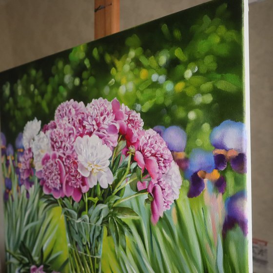 Peonies and Cherries in the Garden