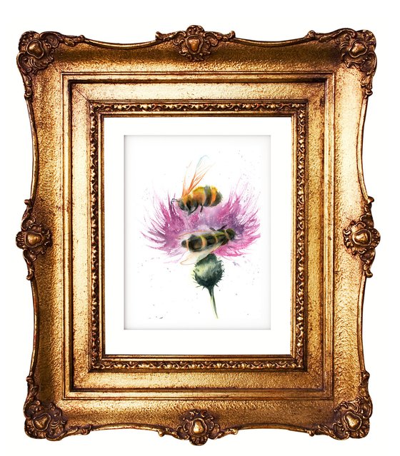 Bees and Thistle  -  Original Watercolor Painting
