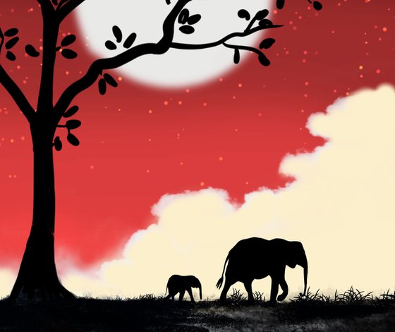 Elephants at Sunset africa animal elephant print red