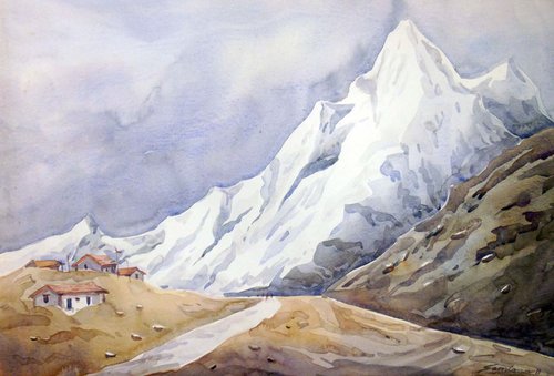 Beauty of Himalaya Peaks-Watercolor on Paper painting by Samiran Sarkar
