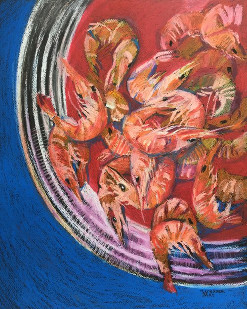 Shrimp on a red plate by Natalia Veyner
