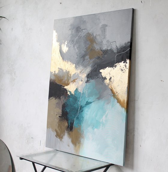 "Blue Rime" Abstract teal gray gold art