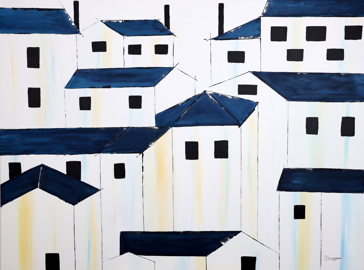 Abstract Cityscapes Acrylic Painting By Poovi Art, 48 X 36", Blue Roofs 22, Original Artwork