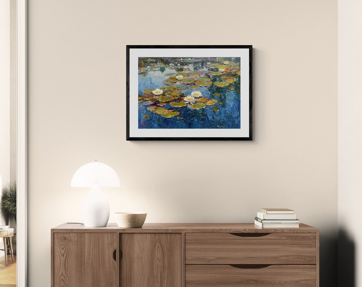 Impressionistic Botanical Oil Painting By Evgeny Chernyakovsky, 20 X 14, Water Lilies, Original Artwork