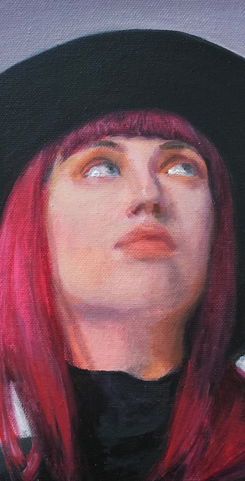 Contemporary portrait of a young woman with a hat. by Jackie Smith