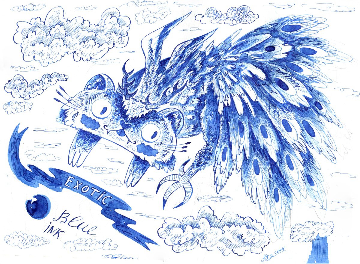 Peacock-cat in blue ink by Anna Onikiienko