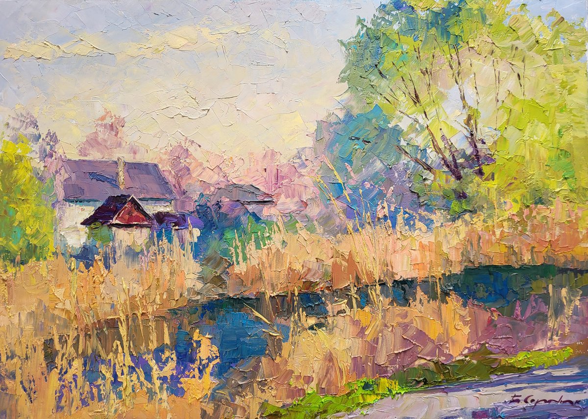 Impressionistic Landscape Oil Painting By Boris Serdyuk, 29 X 21, Sunny April, Original Artwork
