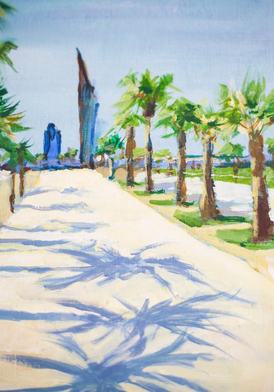 Barcelona. Walk near the sea. Original acrylic painting palms shade contrast