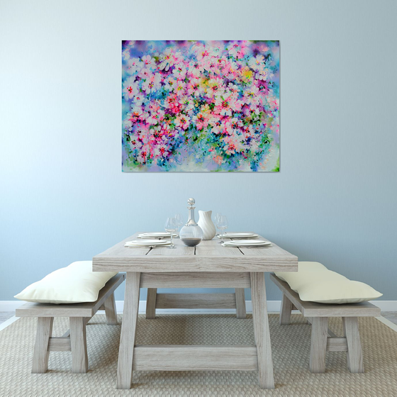 Pink Cherry Tree Flowers - Sakura Colorful Blossom - 120x100 cm, Palette Knife Modern Ready to Hang Floral Painting - Flowers Field Acrylics Painting