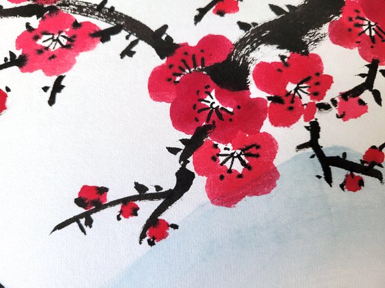 Bamboo and red plum with the background of a mountain - Oriental Chinese Ink Painting